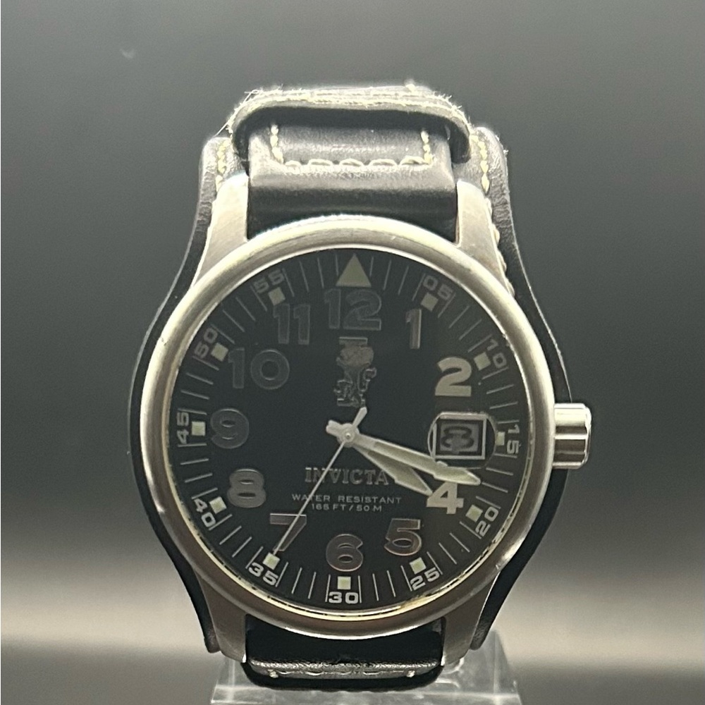 INVICTA Vintage 5755 Black Dial Black Leather Quartz Watch 44mm Preowned